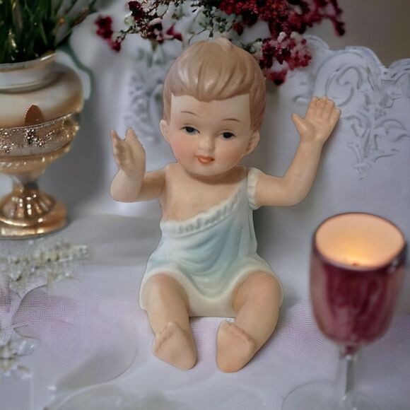 Vintage Piano Baby Bisque Porcelain Figure Blue Boy Arms Up 3.5" Handpainted - Picture 14 of 16
